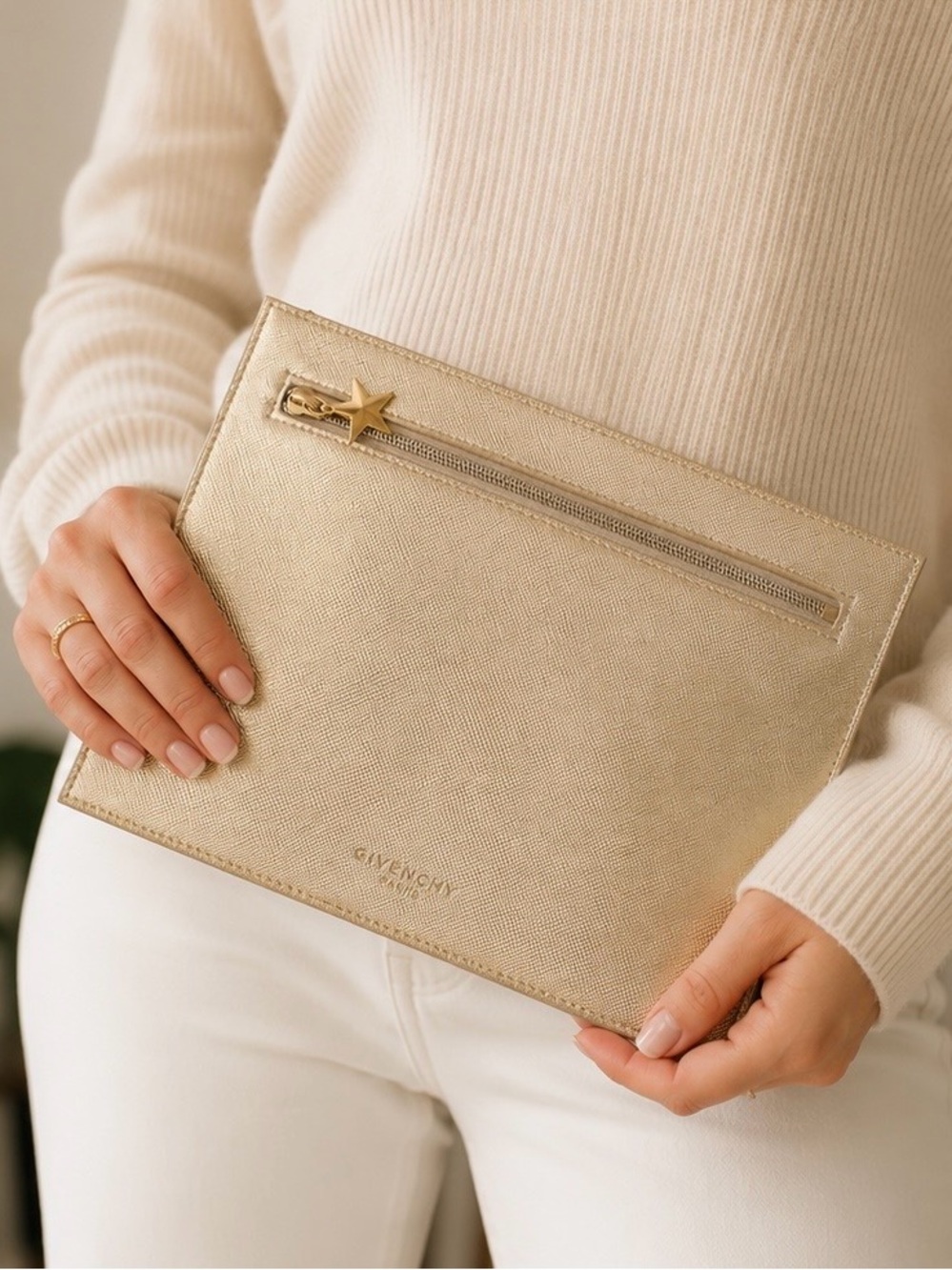 Givenchy Gold Metallic Leather Zip Pouch